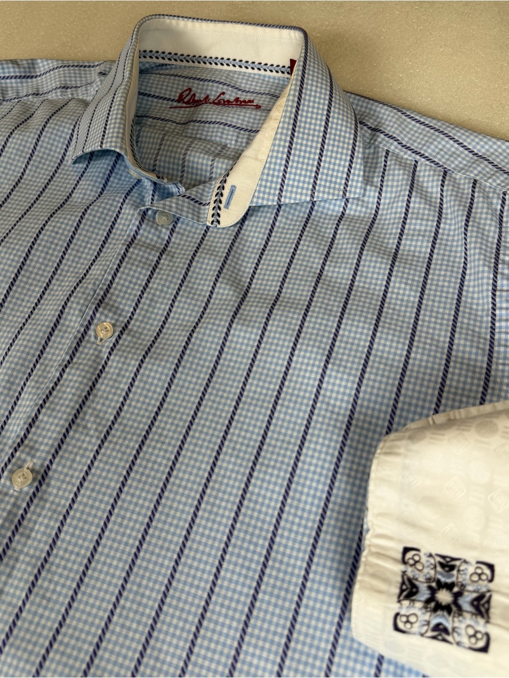Robert Graham Men’s XL 44 17.5 LS Flip Cuff Gingham Plaid Check Stripe Shirt